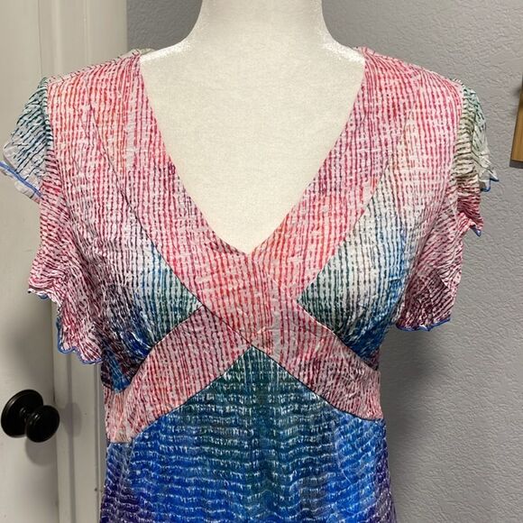 Carine Ruffle Sleeve V Neck Purple & Blue Pattern Dress Size Medium - Picture 3 of 7
